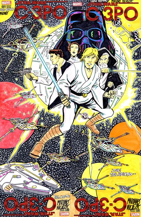 DF MARVEL COMICS COMMISSIONED COVER ART FOUR PIECE BLANK VARIANT CONNECTING SET SIGNED AND REMARKED BY MARIANO NICIEZA AND JOE DELBEATO WITH A CLASSIC STAR WARS #1 HOMAGE SKETCH